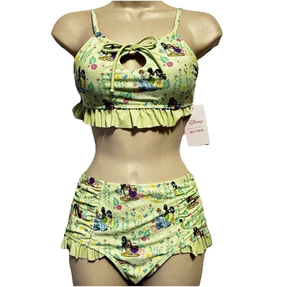 Hot Topic Disney Princess MEDIUM Swim Set Green Top Bikini High Waist Bottom NWT
